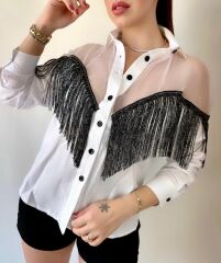 Kadın Püskül Detay Poplin Gömlek Bluz Fırsat Ürün