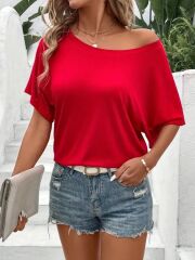 Kadın Tek Omuzu Açık Kısa Kollu Salaş Viskon Bluz
