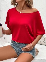 Kadın Tek Omuzu Açık Kısa Kollu Salaş Viskon Bluz