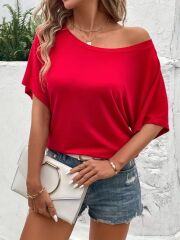 Kadın Tek Omuzu Açık Kısa Kollu Salaş Viskon Bluz