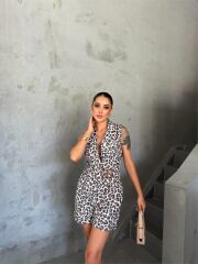 LEOPAR ŞORT TULUM CEKET YAKA TOKA DETAYLI - Leopar