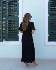 Kadın Kısa Kollu Bisiklet Yakalı Yandan Yırtmaçlı Büzgülü Janjan Krep Elbise