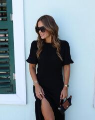 Kadın Kısa Kollu Bisiklet Yakalı Yandan Yırtmaçlı Büzgülü Janjan Krep Elbise