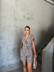 LEOPAR ŞORT TULUM CEKET YAKA TOKA DETAYLI - Leopar