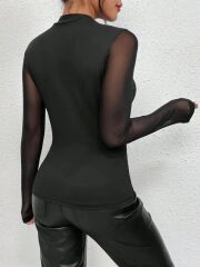 Kadın Uzun Kollu Yarı Balıkçı Yaka Kolları Tüllü Dalgıç Bluz