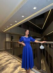 Kadın Bisiklet Yaka Kısa Kol Lastik Detay Uzun Elbise