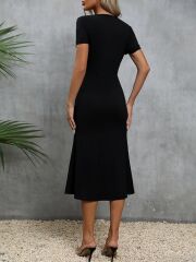 Kadın Kısa Kollu Kare Yakalı Ip Detaylı Janjan Krep Elbise