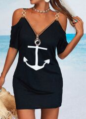 Fermuar Detay çıpa Baskılı Zincir Askılı Viskon Elbise