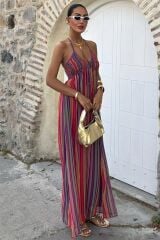 Askılı Pile Detaylı Renkli Maxi Elbise 2748