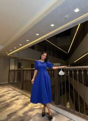 Kadın Bisiklet Yaka Kısa Kol Lastik Detay Uzun Elbise