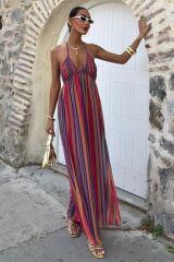 Askılı Pile Detaylı Renkli Maxi Elbise 2748