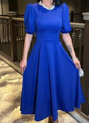 Kadın Bisiklet Yaka Kısa Kol Lastik Detay Uzun Elbise