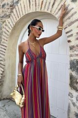 Askılı Pile Detaylı Renkli Maxi Elbise 2748