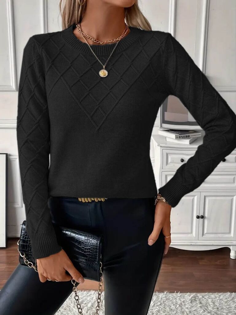 Kadın Uzun Kollu Bisiklet Yaka Geometrik Desenli Triko Bluz