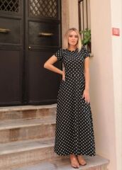 Kadın Kısa Kollu Bisiklet Yaka Puantiyeli Maksi örme Krep Elbise