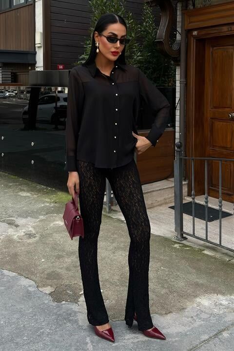 Transparan Detaylı Dökümlü Gömlek 3427