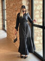 Kadın Uzun Kollu Eteği Fırfırlı Beli Kuşaklı Trikoton Tam Boy Gömlek Elbise