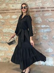 Kadın Uzun Kollu Eteği Fırfırlı Beli Kuşaklı Trikoton Tam Boy Gömlek Elbise