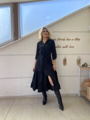 Kadın Uzun Kollu Eteği Fırfırlı Beli Kuşaklı Trikoton Tam Boy Gömlek Elbise