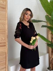 Kadın Truvakar Kol çiçek Desenli Tül Kol Bisiklet Yaka çiçek Desen Sandy Salaş Kısa Elbise