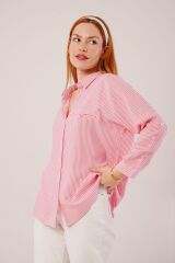 Cep Detay Çizgili Oversize Pembe Gömlek