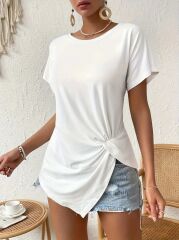 Kadın Kısa Kollu Asimetrik Kesim Bel Büzgü Düğüm Detay Viskon Bluz