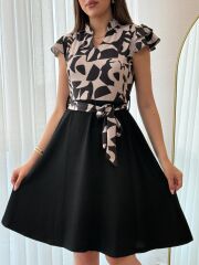 Kadın Kısa Kollu Kolu Fırfır Detay Mini Kuşaklı Kloş Krep Elbise