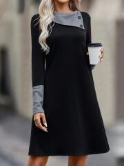 Kadın Uzun Kollu Yakadan Düğmeli Kısa Viskon Iki Iplik Elbise