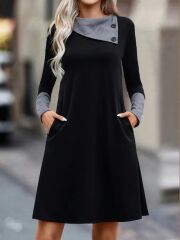 Kadın Uzun Kollu Yakadan Düğmeli Kısa Viskon Iki Iplik Elbise