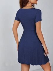 Kadın Kısa Kollu Derin Büzgülü V Yakalı Viskon Elbise