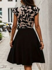 Kadın Kısa Kollu Kolu Fırfır Detay Mini Kuşaklı Kloş Krep Elbise