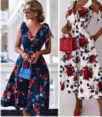 Kadın Omuz Kurdale Detay çiçek Baskılı Midi Elbise