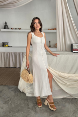 KETEN KOLSUZ KARE YAKA DÜĞME DETAYLI ELBİSE - Beyaz