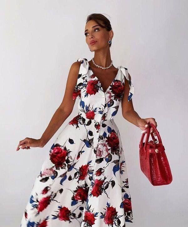 Kadın Omuz Kurdale Detay çiçek Baskılı Midi Elbise