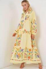 2423 Otantik Desenli Tesettür Elbise - A.Sarı