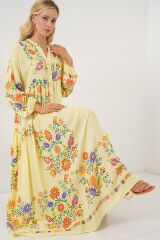 2423 Otantik Desenli Tesettür Elbise - A.Sarı
