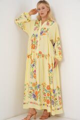 2423 Otantik Desenli Tesettür Elbise - A.Sarı