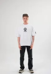 Unisex Bisiklet Yaka Baskılı Oversize T-Shirt - Beyaz