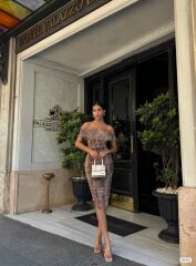 Kadın Madonna Yaka Dalga Desen Midi Boy şifon Elbise