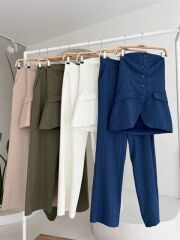 Straplez Büstiyerli Plazzo Pantolonlu Çizgili Takım 10151