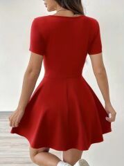 Kadın Kısa Kollu Kare Yaka Short Detaylı Cepli Dalgıç Elbise