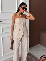 Straplez Büstiyerli Plazzo Pantolonlu Çizgili Takım 10151