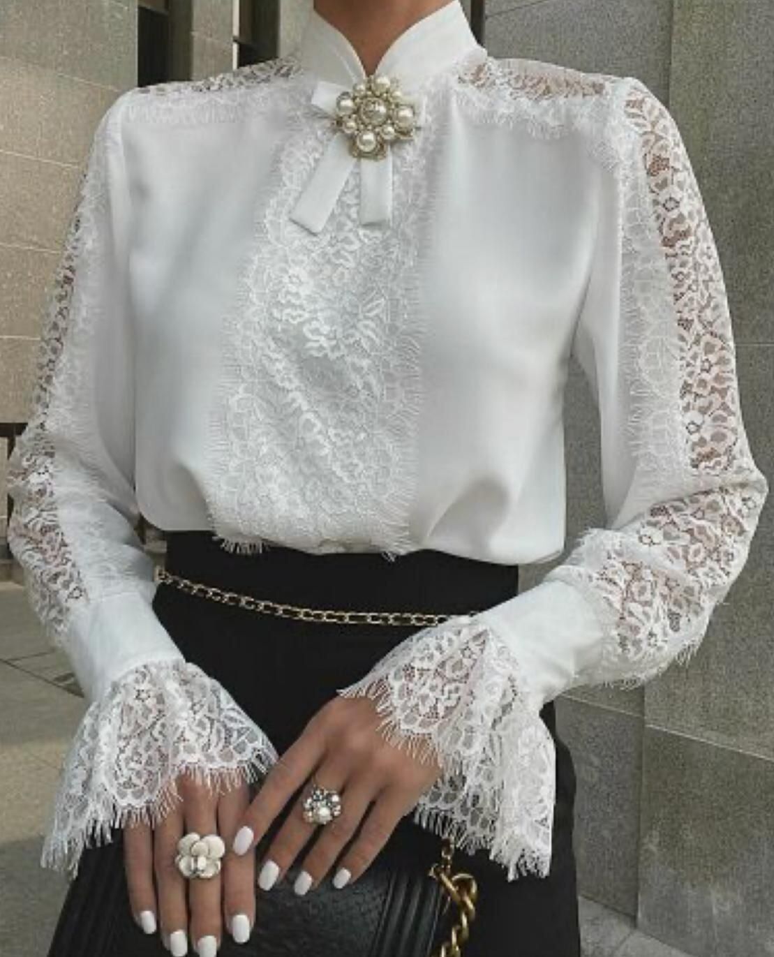 Kadın Uzun Kollu Hakim Yaka Ithal Dantel Detay Gömlek