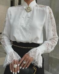 Kadın Uzun Kollu Hakim Yaka Ithal Dantel Detay Gömlek