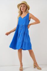 Sıfır Kol Düğmeli Kısa Elbise 2571 - Saks