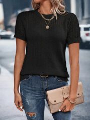 Kadın Kısa Kollu Yaka Detay Triko Bluz