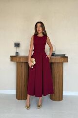 Bordo Halter Yaka Kloş Elbise
