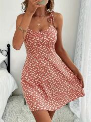 Kadın Ip Askılı Omuzlardan Bağcıklı çiçek Desenli Süprem Elbise