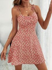 Kadın Ip Askılı Omuzlardan Bağcıklı çiçek Desenli Süprem Elbise