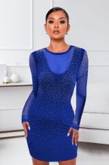 Kadın Uzun Kollu Yuvarlak Yaka Dekolteli Taşlı Dalgıç Elbise